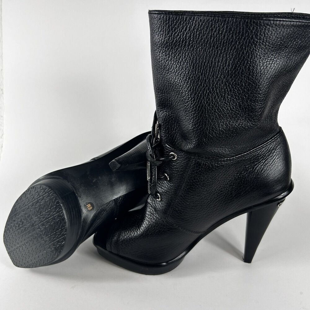 Michael Kors Women's Size 6M Black Leather Peep Toe Lace Up Booties Heels Shoe - Picture 3 of 9